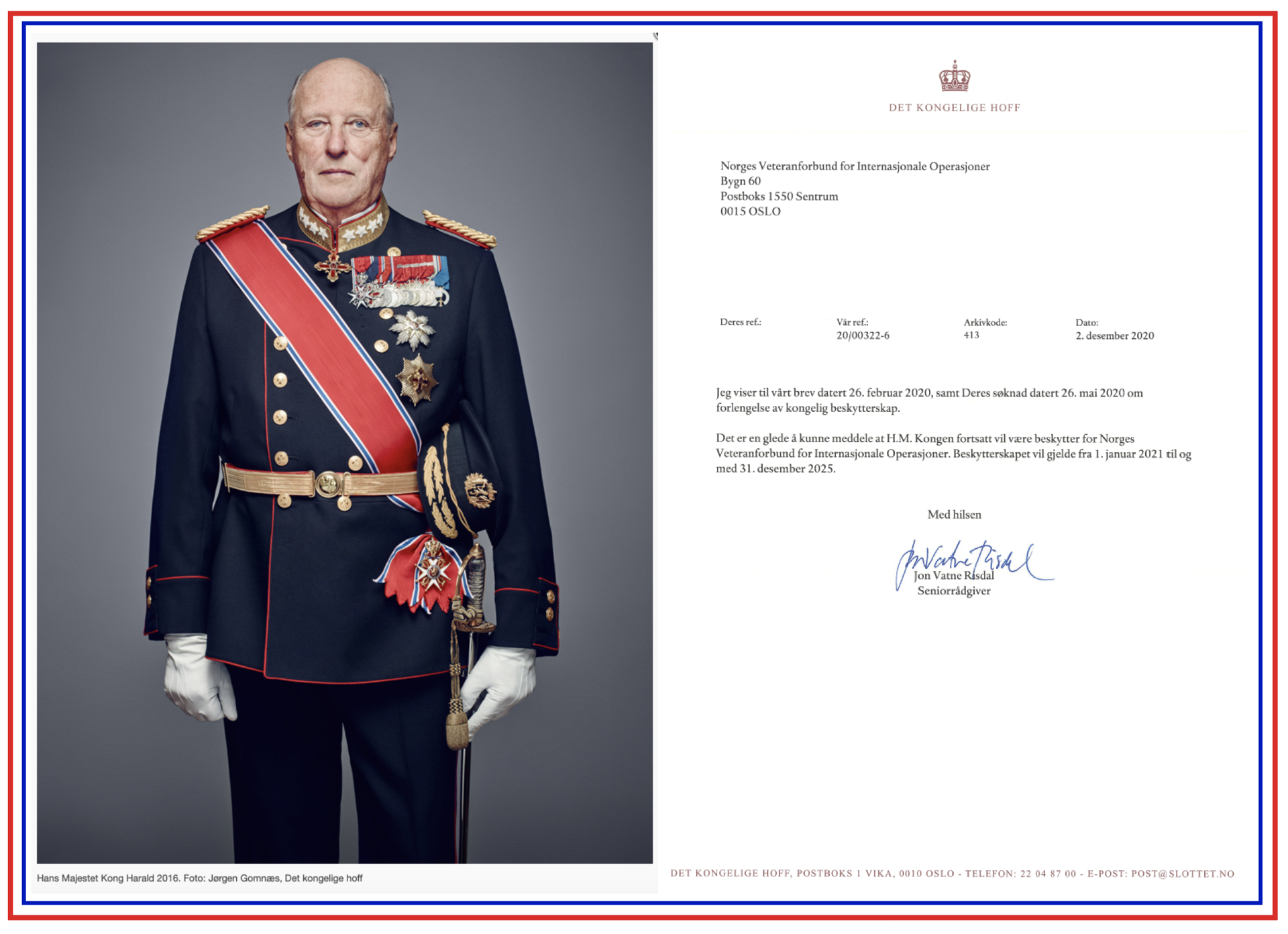 H.M. Kong Harald fortsetter som NVIOs beskytter